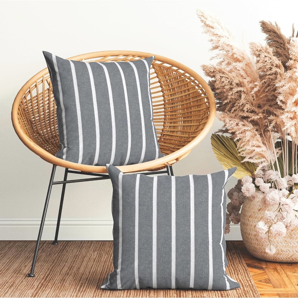 Encasa Set Of 2 Grey/White Striped 20” X 20” Throw Pillow Covers